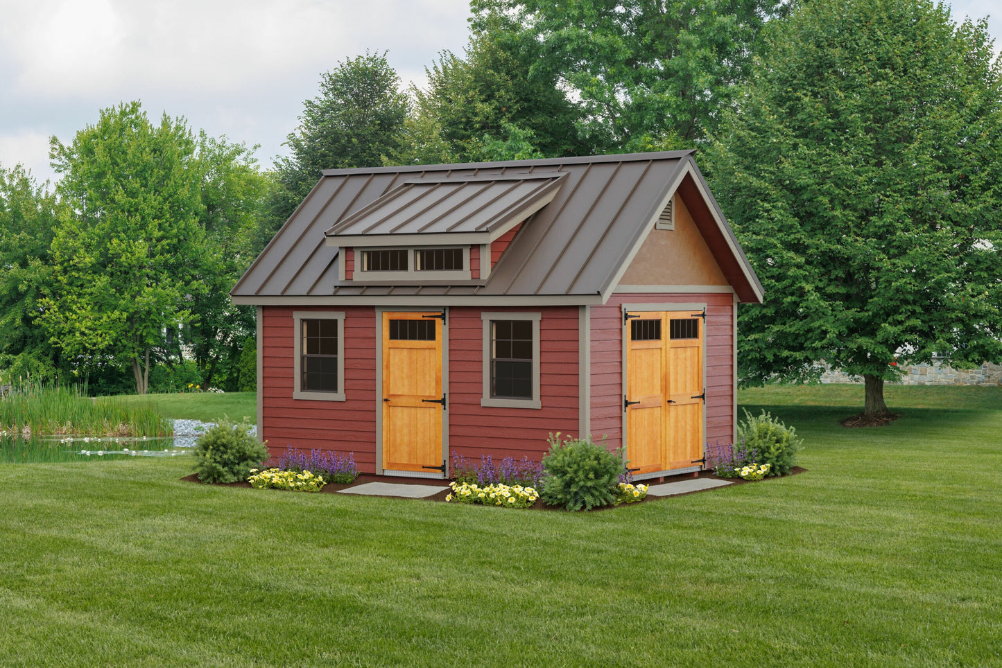 Small red storage shed with wooden doors on a grassy lawn with trees in the background
