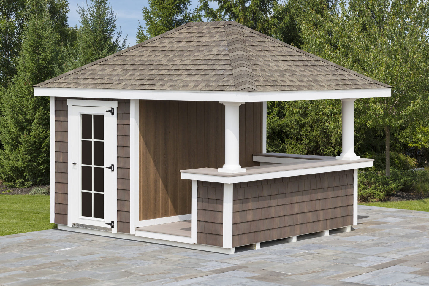Wooden gazebo with a roof in an outdoor setting
