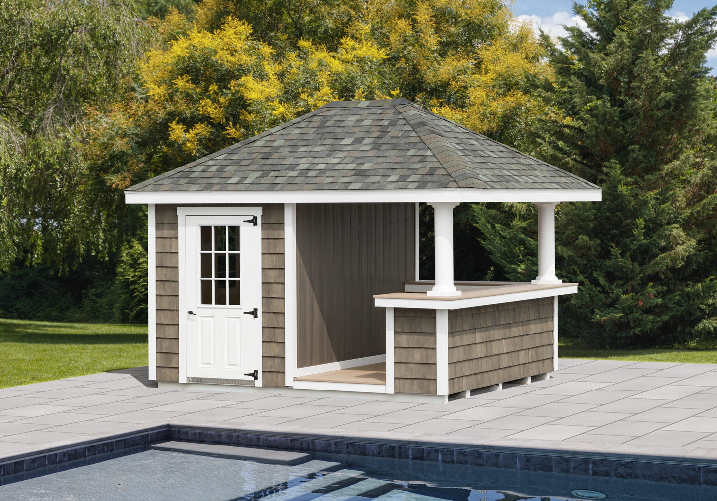Gazebo with a small outdoor kitchen next to a pool, surrounded by trees.