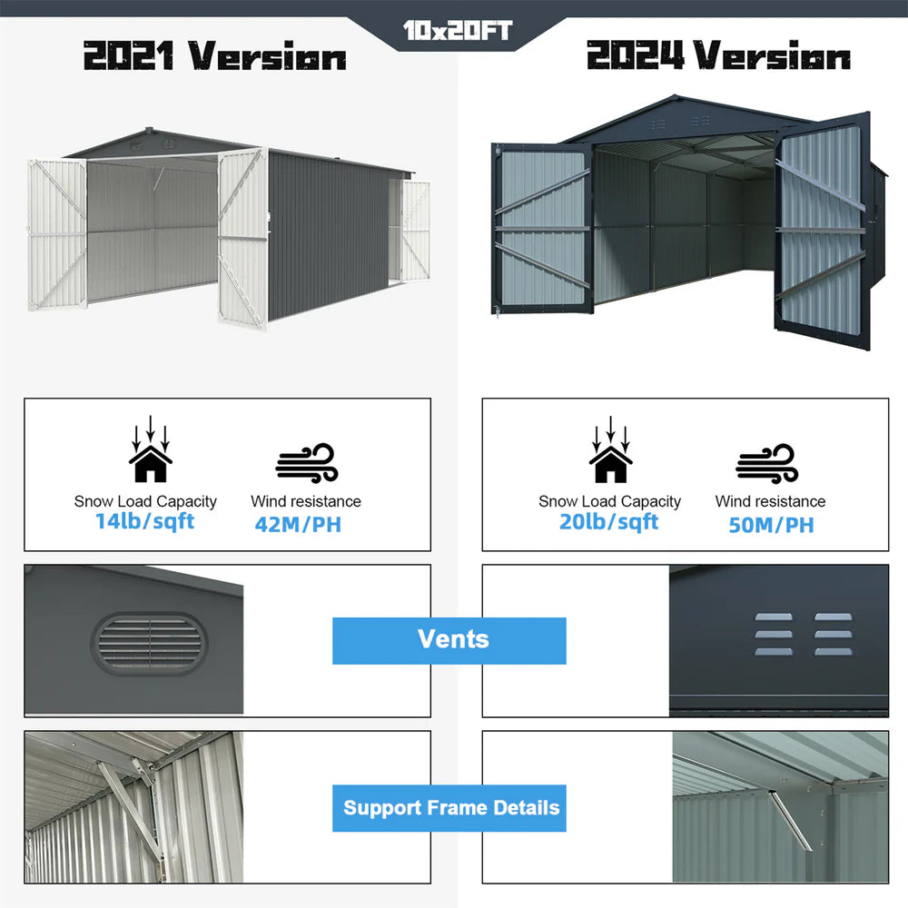 Chery Industrial | 10x20 Plus Upgraded Metal Garage Shed (Double Front + Side Entry Doors)