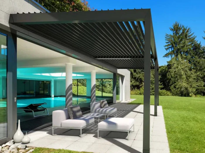 Modern pergola with outdoor furniture near a pool and house