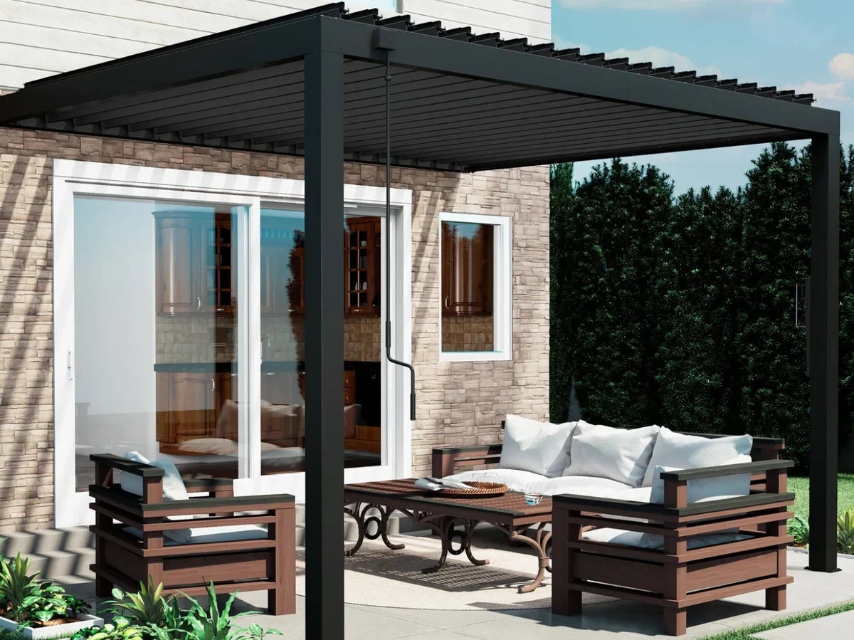 Patio with pergola, outdoor furniture, and sliding glass door.