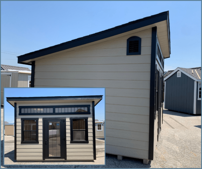 A beige and black Heritage Sheds & Garages garden cottage shed with a lean-to roof, black windows, and a transom window.