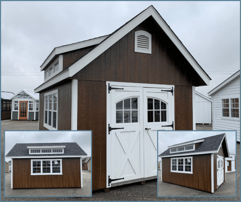 A collection of images showing a 10x16 brown and white manor shed with double carriage doors, interior shelves, and additional window.