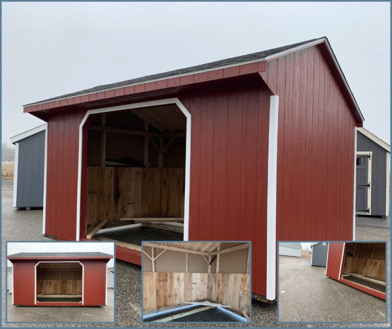 A red and white 10x16 Quaker Run in shed with an open door, situated outdoors. The shed has a single entrance and appears to be constructed from wood with a solid pattern.