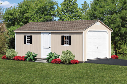 Two-car garage with beige exterior and white doors, surrounded by greenery and flowers.